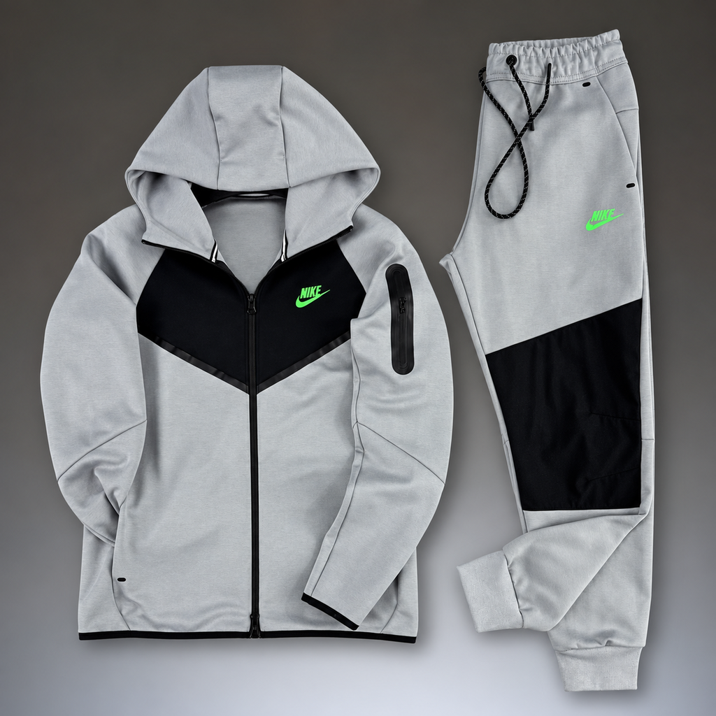 Nike Tech Fleece muška sportska trenirka, siva - crna, zeleni logo. Model 2024. Vrhunska kvaliteta