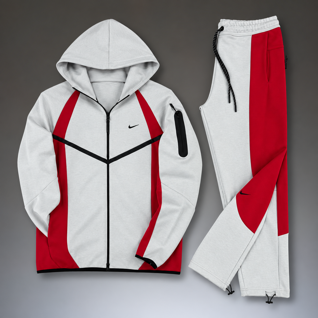 Nike Tech Fleece muška sportska trenirka, svijetlo siva - crvena. Model 2026. Vrhunska kvaliteta