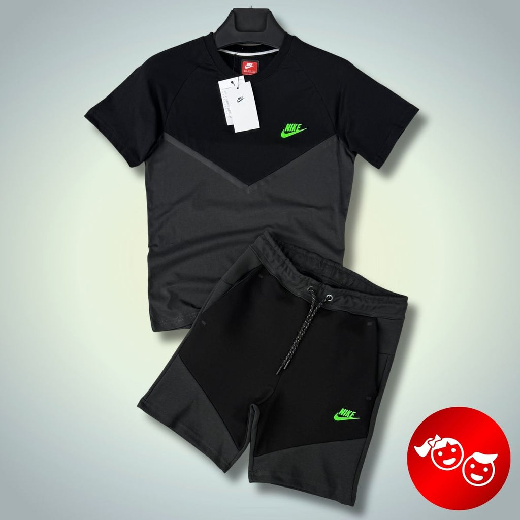Nike Tech Fleece dječji komplet s kratkim hlačama, grafitno-crni, neonski logo. Vrhunska kvaliteta