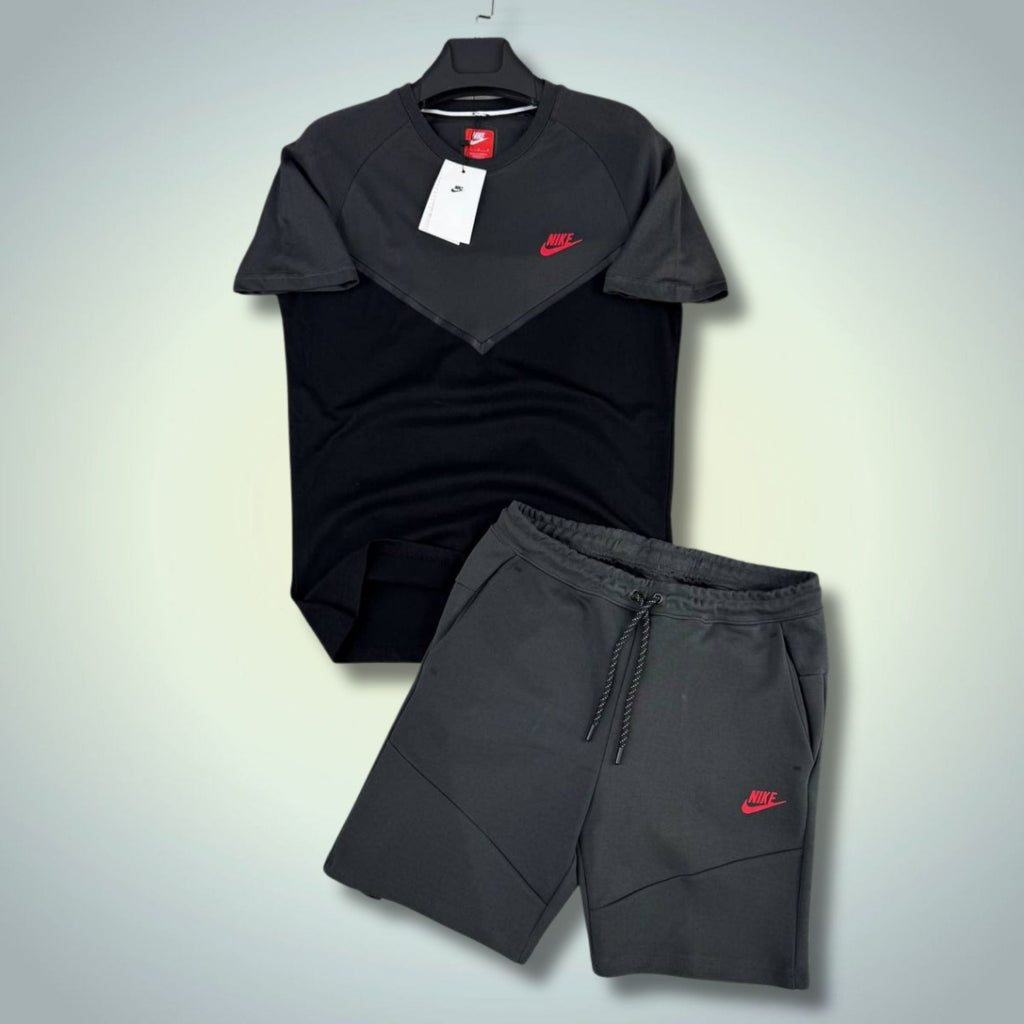 Nike Tech Fleece muški kratki sportski komplet, grafitno-crni, crveni logo. Premium kvaliteta