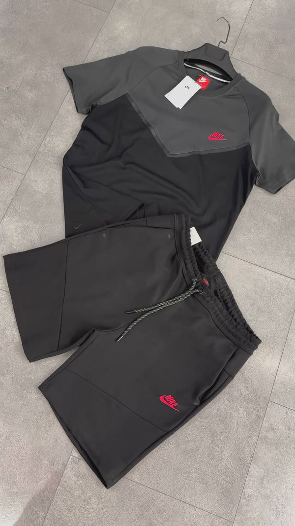 Nike Tech Fleece muški set s kratkim hlačama, crno-grafitna boja, crveni logo. Vrhunska kvaliteta